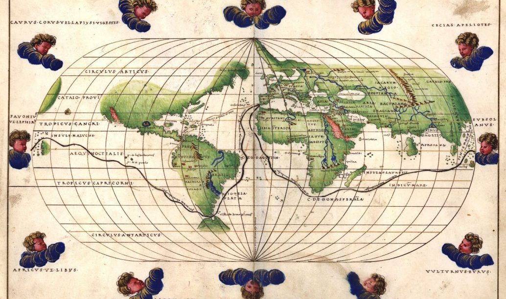 Plano antiguo que detalla la ruta seguida en el viaje de Magallanes y Elcano entre 1519 y 1522 (obra del cartógrafo italiano Battista Agnese, 1514-1564).